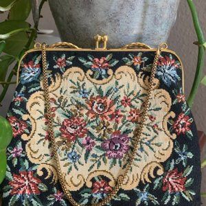 Vintage Black Cream Floral Tapestry Clutch Purse